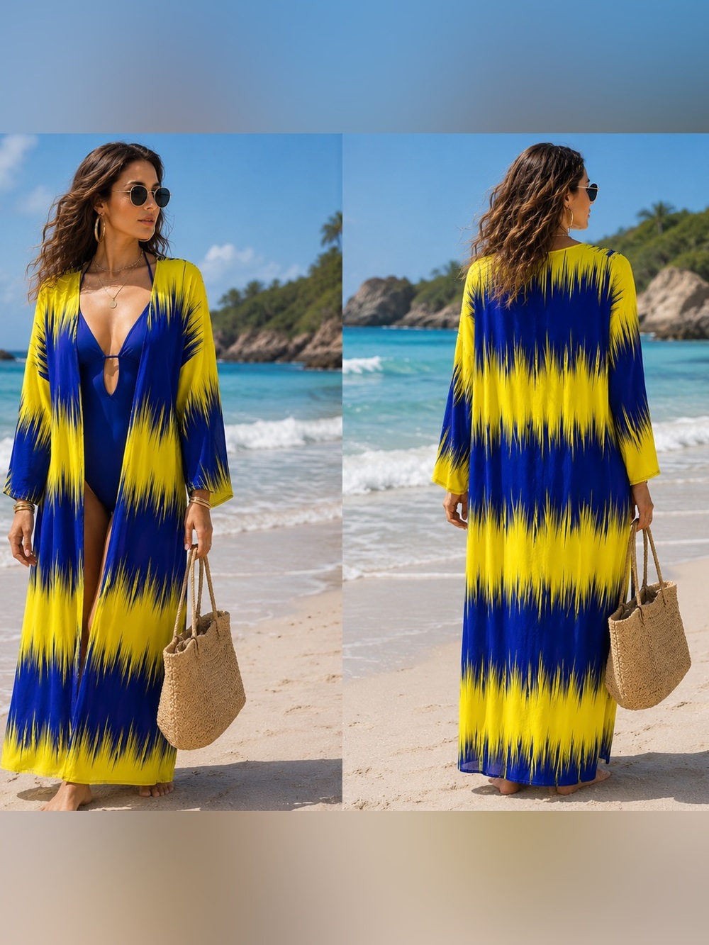 Good Time  USA Bold Blue & Yellow geometric pattern Maxi Swimwear robe Sz 2XL